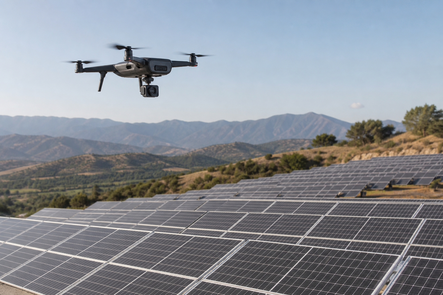 Representative AI-generated image of a thermal-inspection drone above solar panels